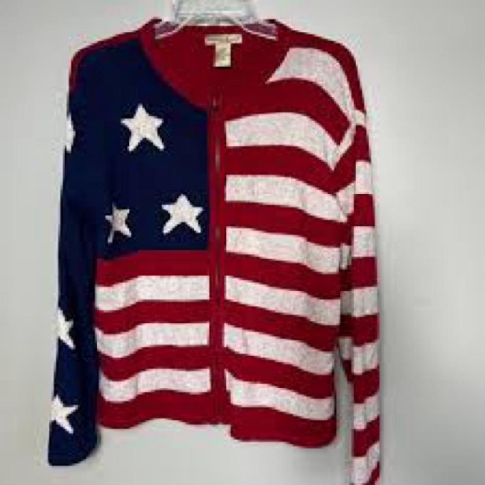 EUC Women’s Mountain Lake FLAG Knit Zip Down Cardigan Sweater Large Patriotic